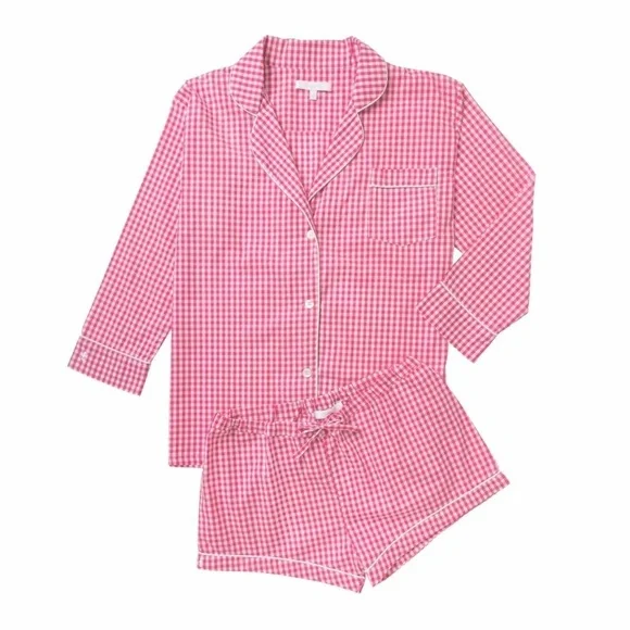 Marigot Maya Check Short Pajama Set Pink Plaid Pajama 100% Cotton XS - Picture 1 of 9